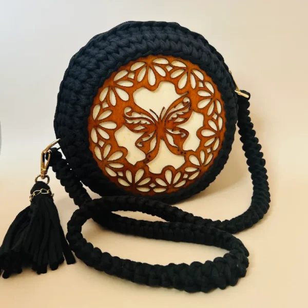 Handmade Laser-cut wooden base crochet bag