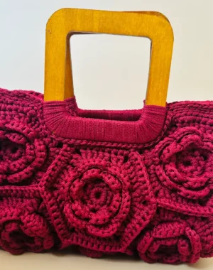 Handmade Crochet Flower Bag with Wooden Handles