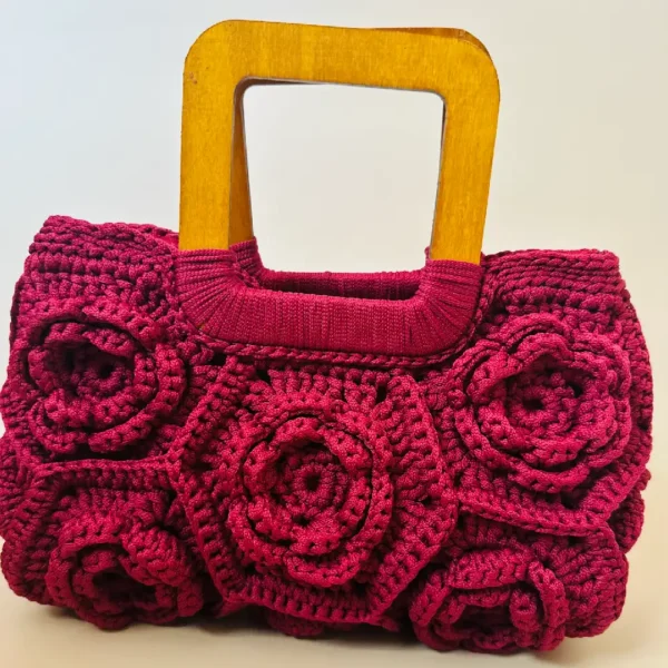 Handmade Crochet Flower Bag with Wooden Handles