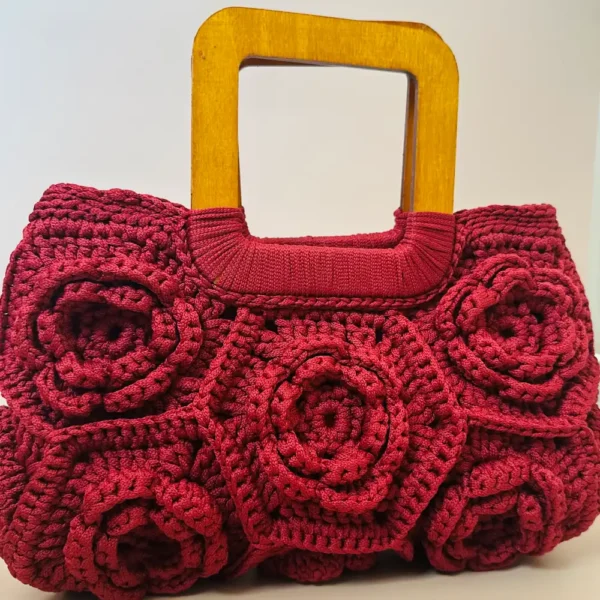 Handmade Crochet Flower Bag with Wooden Handles - Image 2