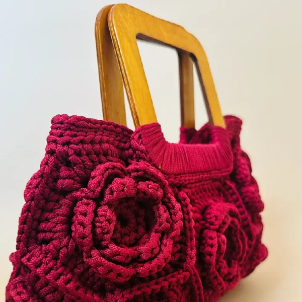 Handmade Crochet Flower Bag with Wooden Handles - Image 3