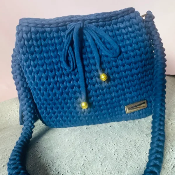 Handmade Crochet Bucket Shoulder Bag (Blue) - Image 2